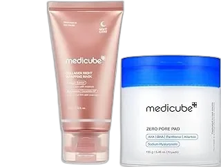 medicube Korean Viral Duo for Glass Glow Skin: Zero Pore Pads 2.0 and Collagen Overnight Wrapping Peel Off Facial Mask Pack and Jelly Brush, Gifts for Her, Skin Care Set